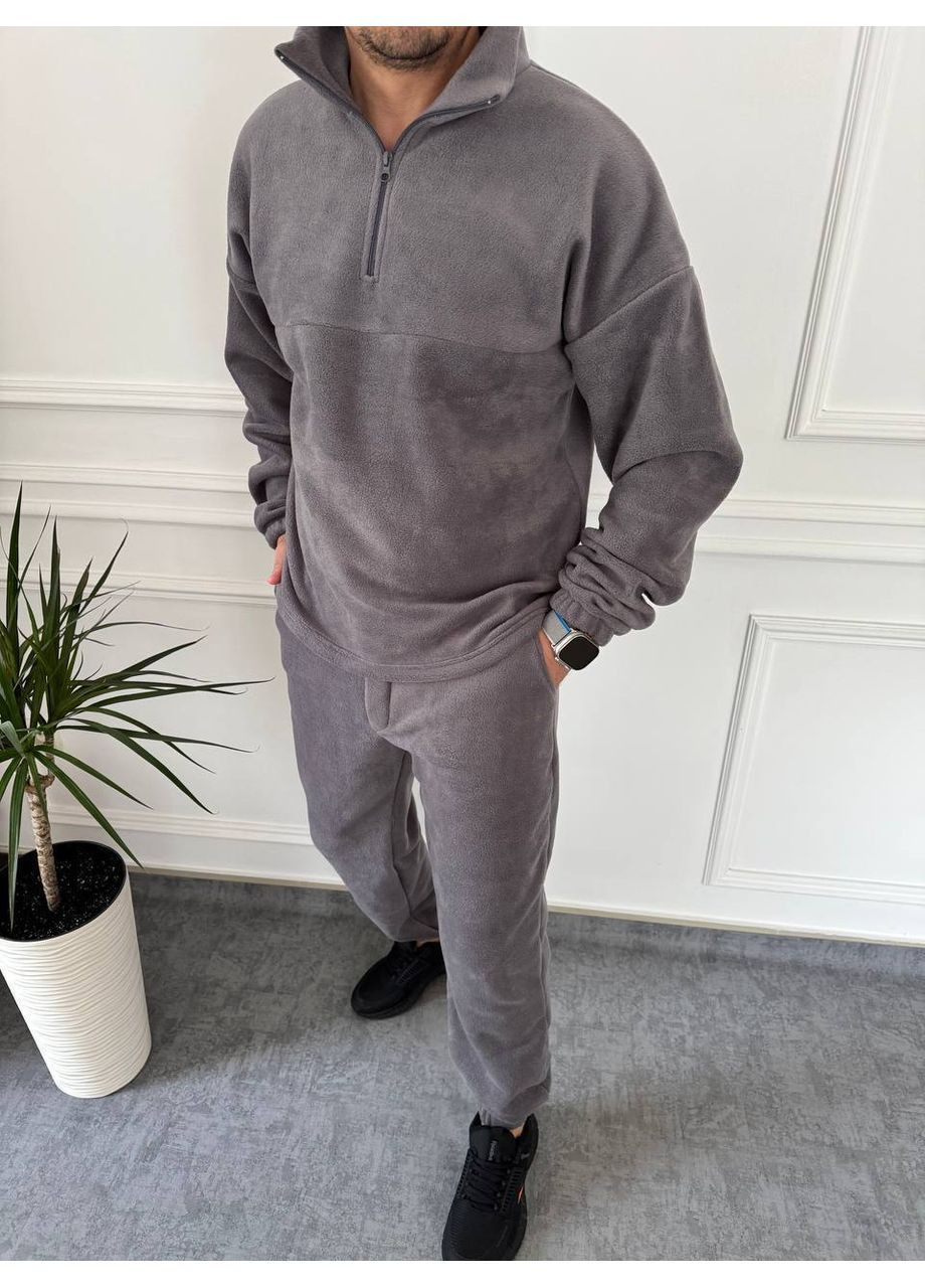 Графитовый зимний костюм 138 качественный турецкий полар флис брюки и кофта с воротником на молнии Україна