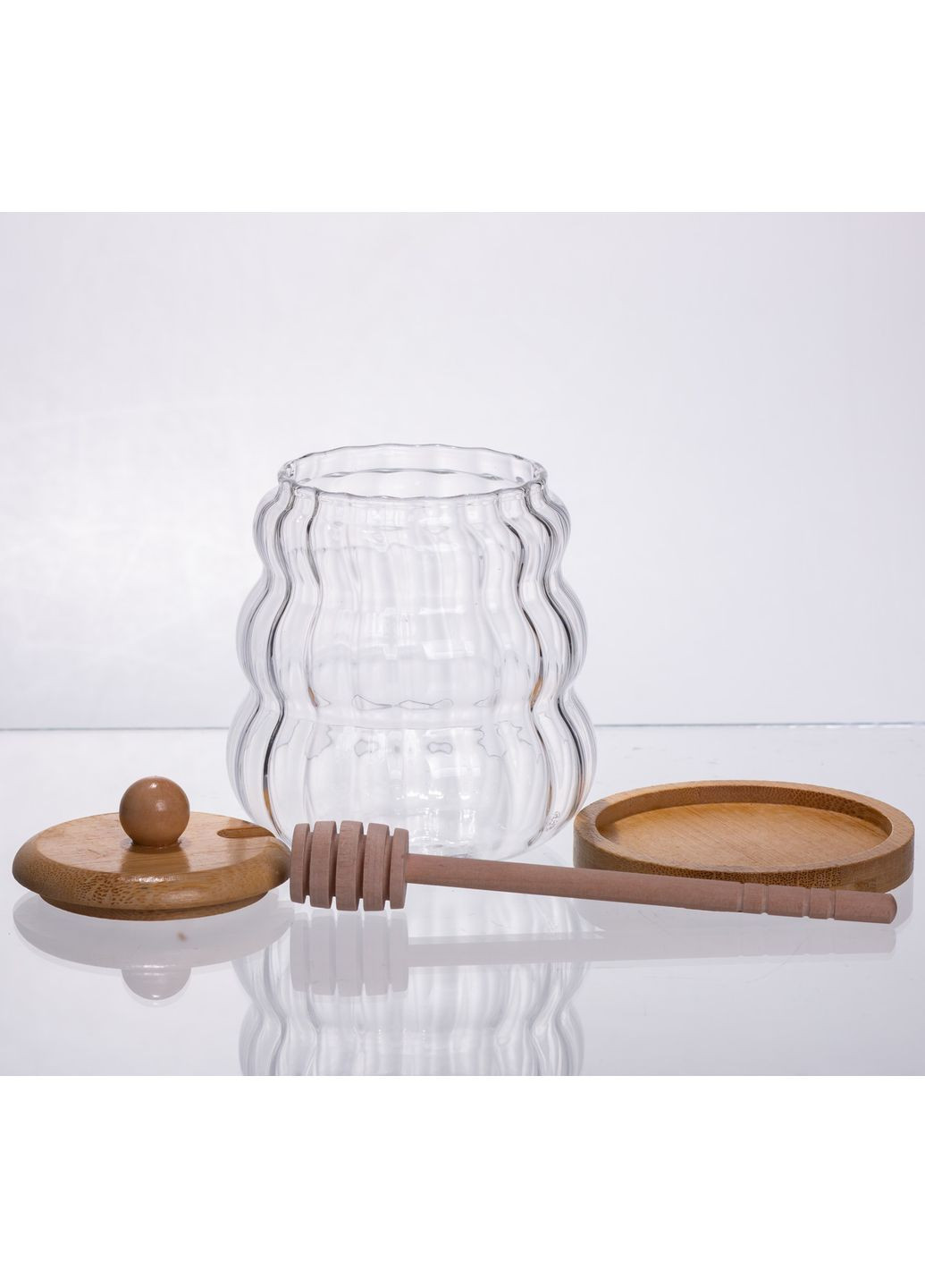 Медівниця скляна 320мл із кришкою та ложкою прозора банка для зберігання меду на кухні для дому Yiwu (370432154)