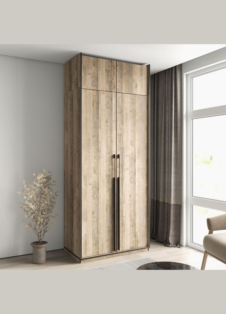 Шафа розпашна з трубою на 2 дверки з шухлядами та антресоллю R-0014 від Дуб Гранж Пісочний MORELI (335424794)