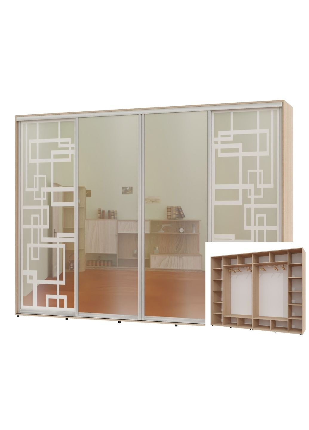 Шкаф-купе четырехдверный 300*60*220 Дуб молочный 2 Зеркала с пескоструйным рисунком/2 Зеркала Алекса (360468965)