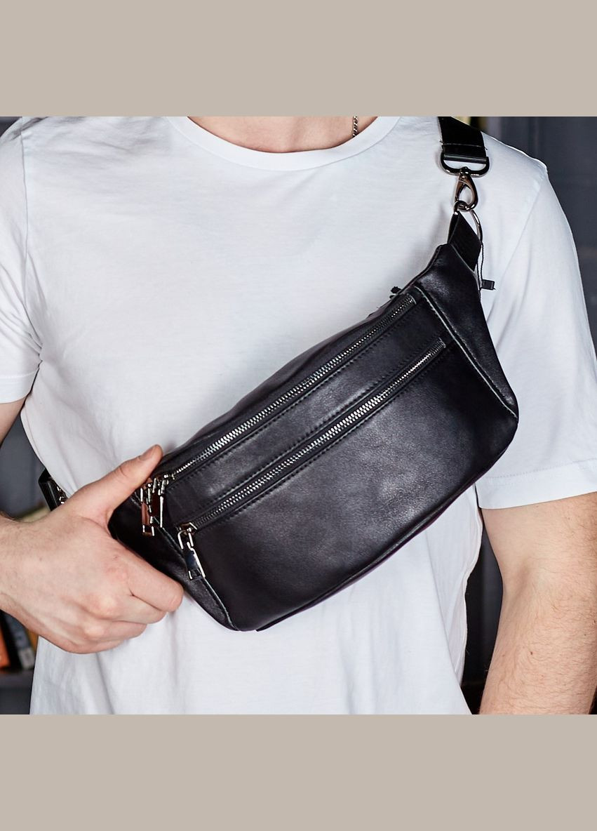 Черная мужская бананка из натуральной гладкой кожи с двумя отделениями и наружными карманами. Tiding Bag (298571640)