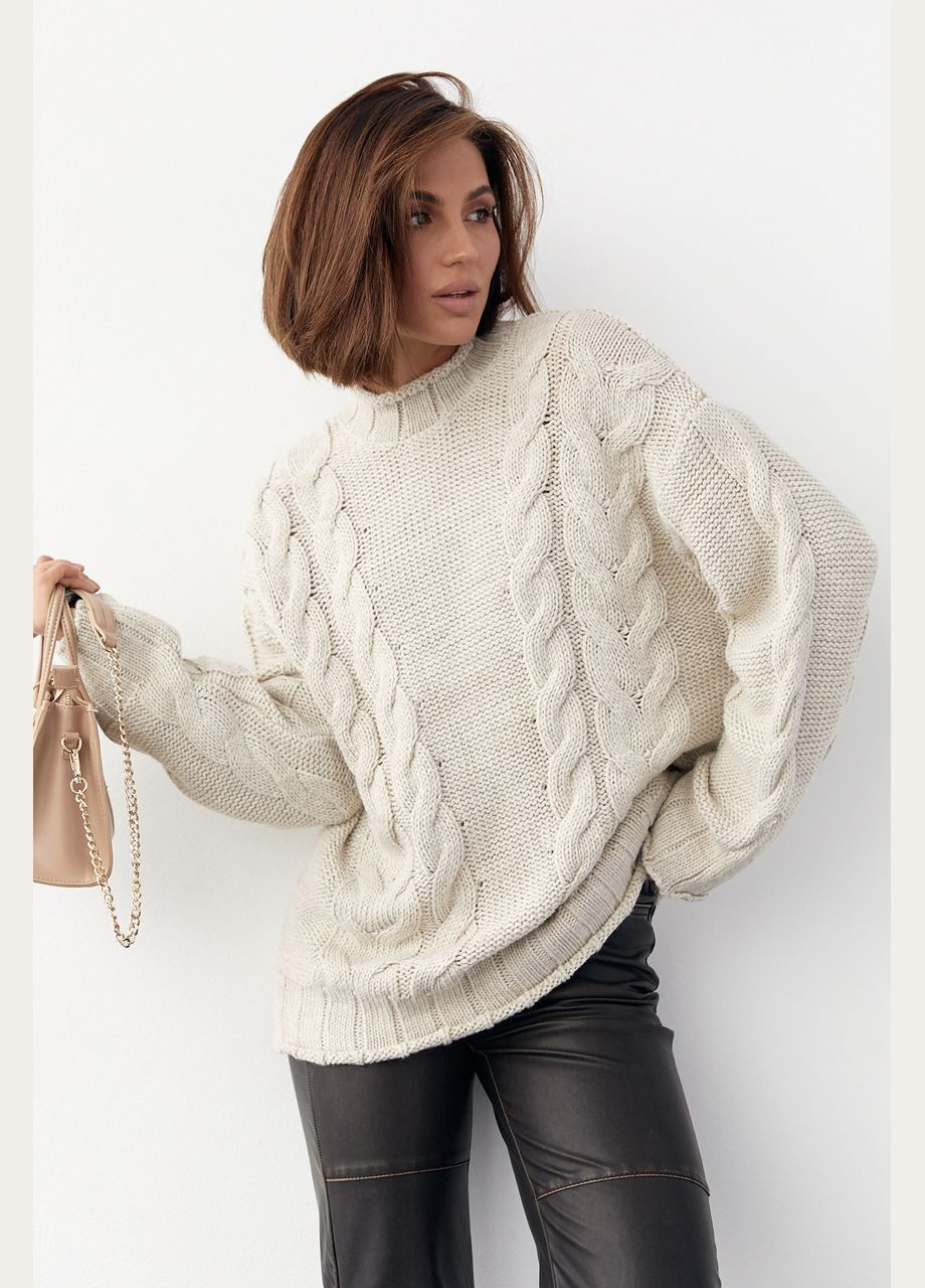 Бежевый зимний вязаный свитер с косами oversize 231198 Lurex