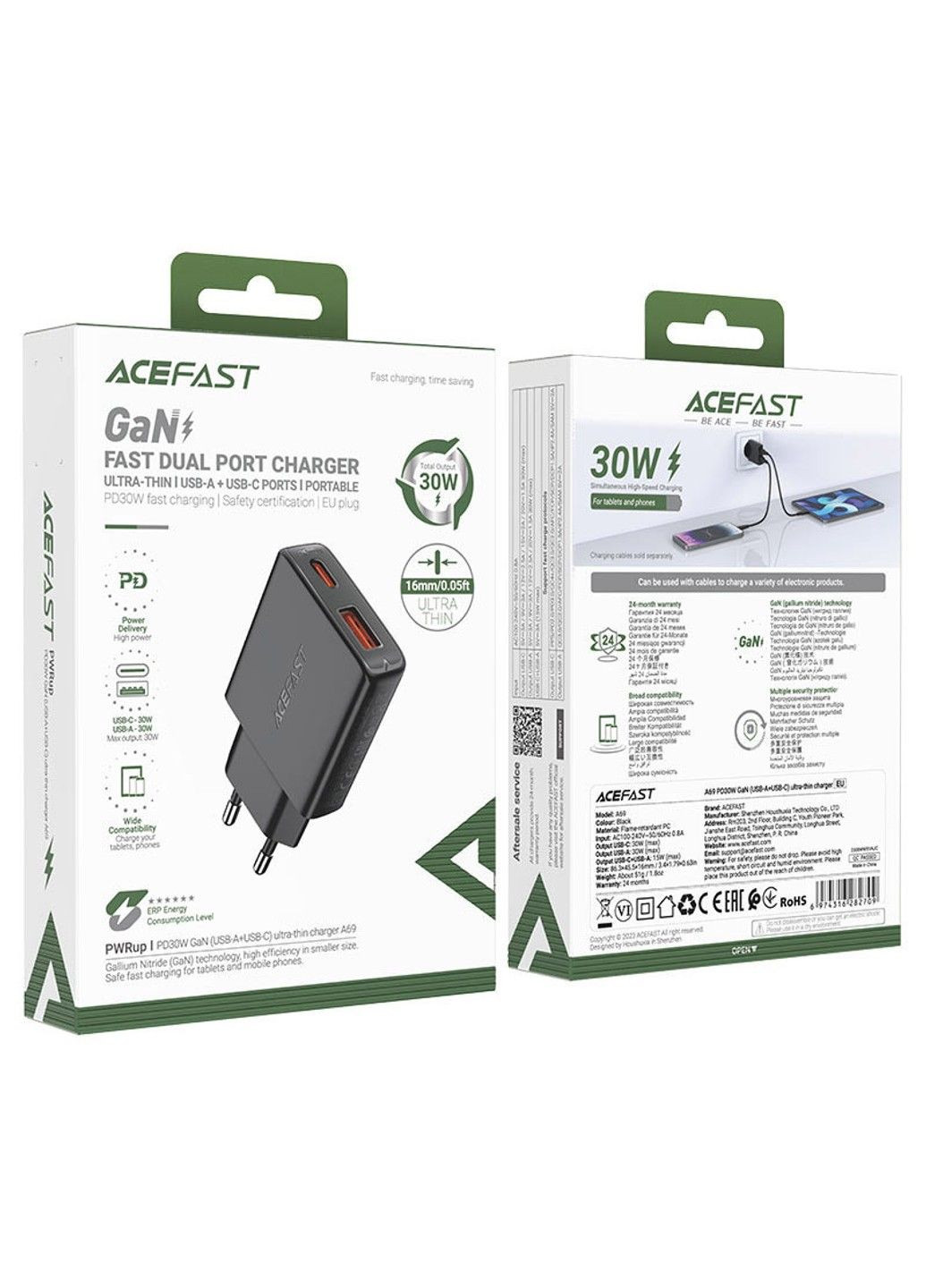 СЗУ A69 PD30W GaN (USB-C+USB-A) Acefast (297655097)