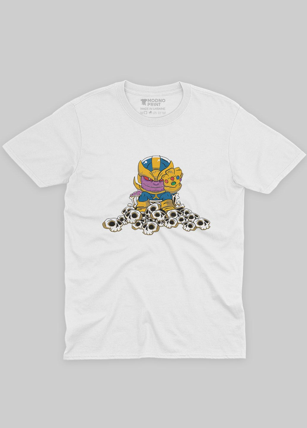 Белая демисезонная футболка для мальчика с принтом супезлоды - танос (ts001-1-whi-006-019-004-b) Modno