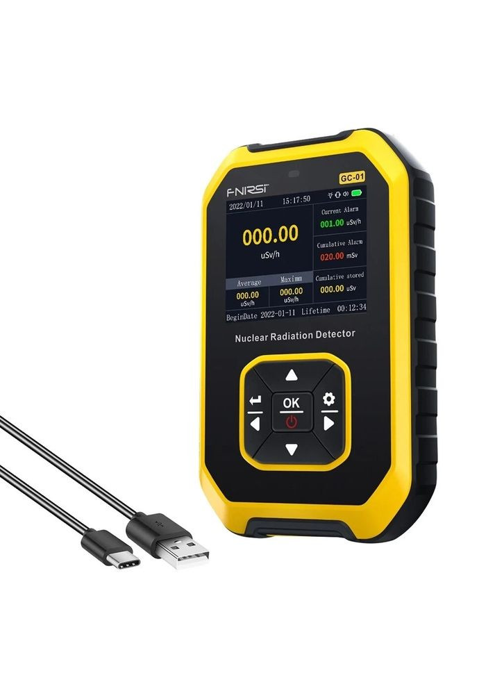 Дозиметр-радіометр, лічильник Гейгера GC-01 Чорний/Жовтий USB-C з дисплеєм і акумулятором 1200 мА·год ( GC-01) Fnirsi (340112405)