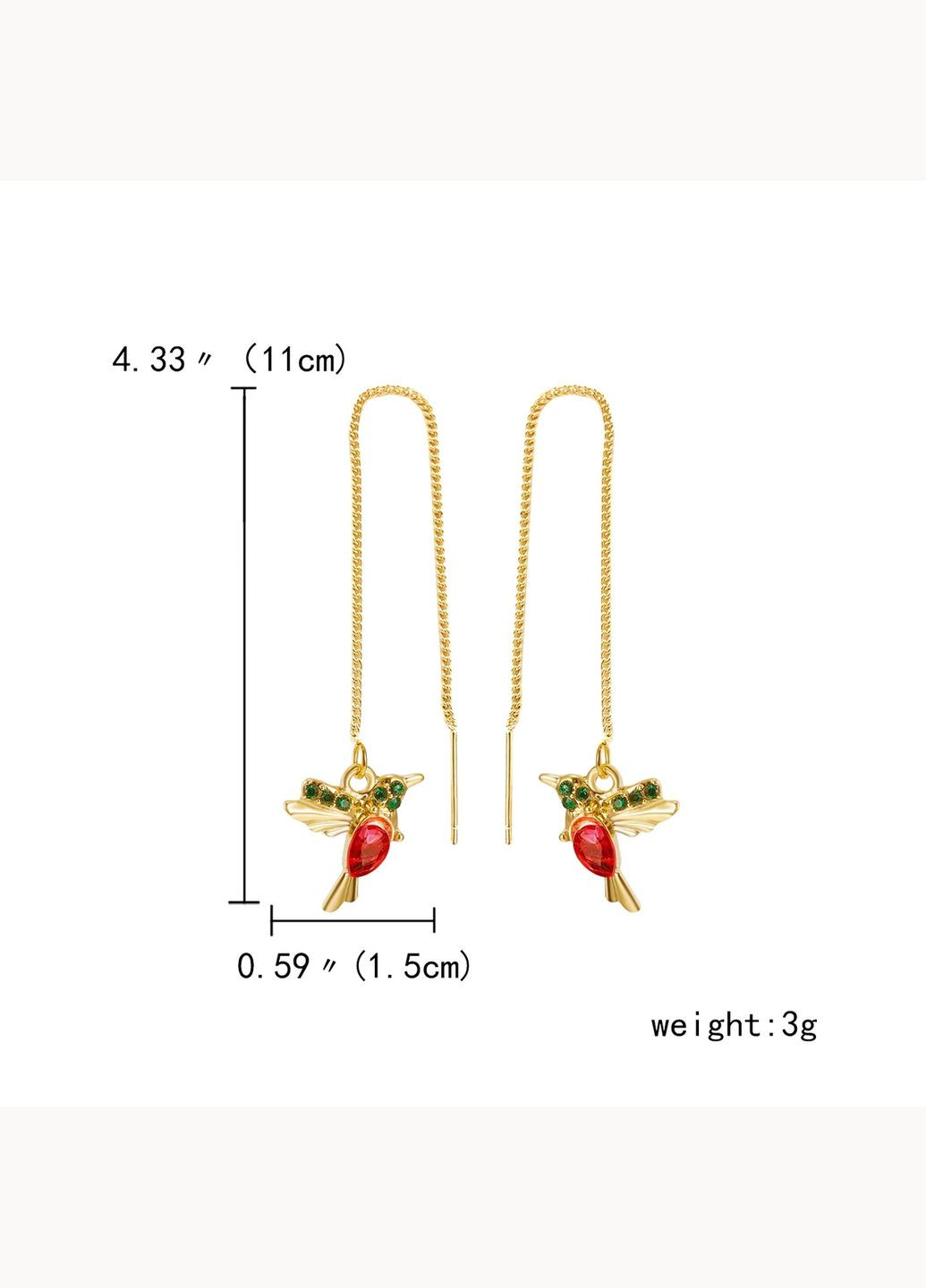 Жіночі довгі сережки протяжки птах Колібрі з червоними та зеленими фіанітами Liresmina Jewelry (289717527)
