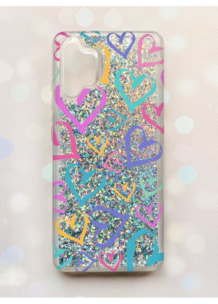 Чехол с плавающими блестками на Samsung Galaxy A32 Серебряный:: Разноцветные сердечка (принт 332) Creative (360674189)