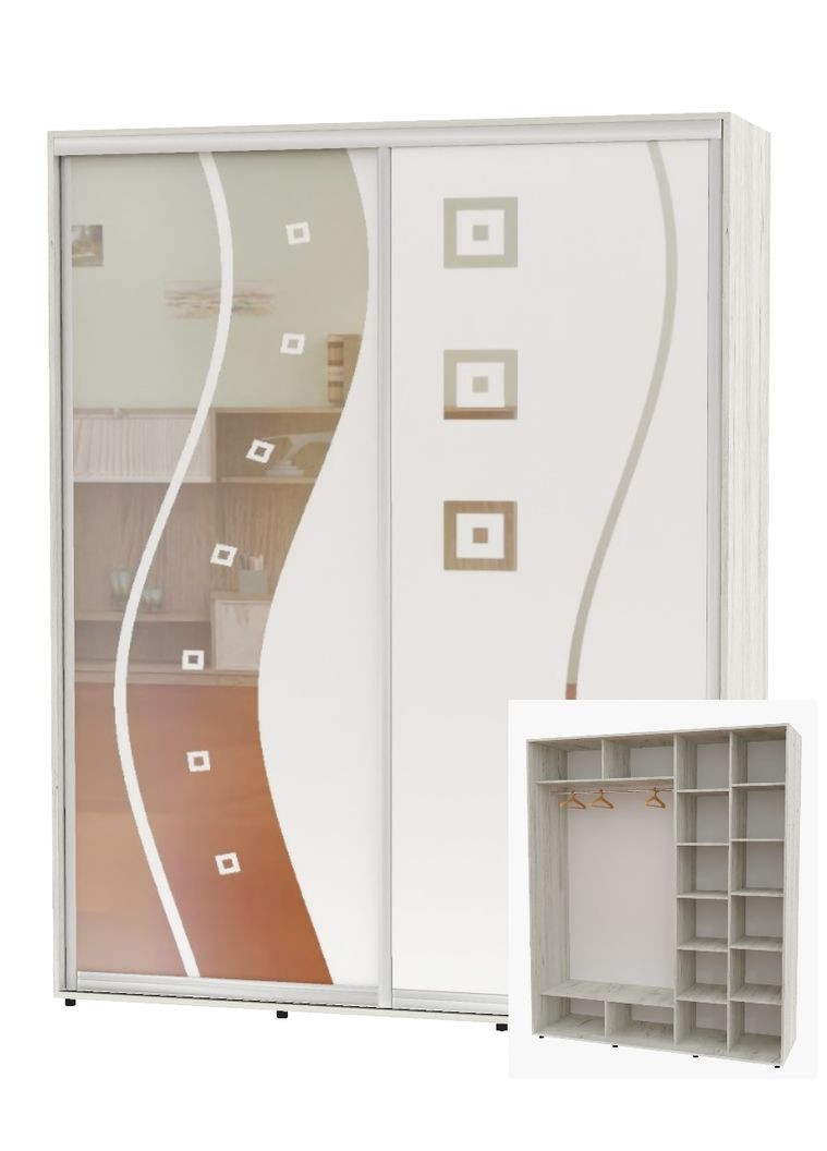 Шафа-купе дводверна 200*60*250 Дуб крафт білий Дзеркало з піскострумним малюнком Алекса (360447208)