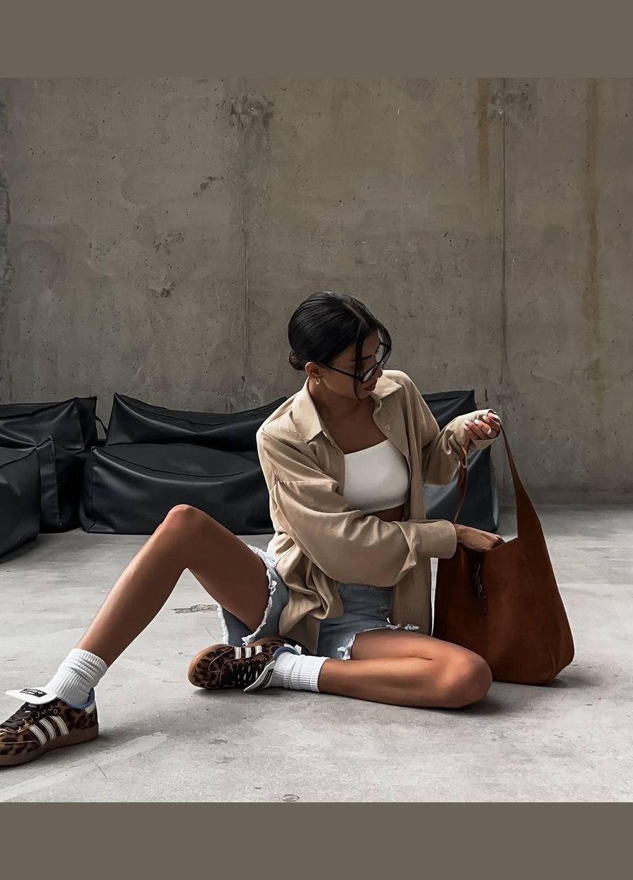 Бежевая повседневный, пляжный рубашка однотонная FINO Mode с длинным рукавом