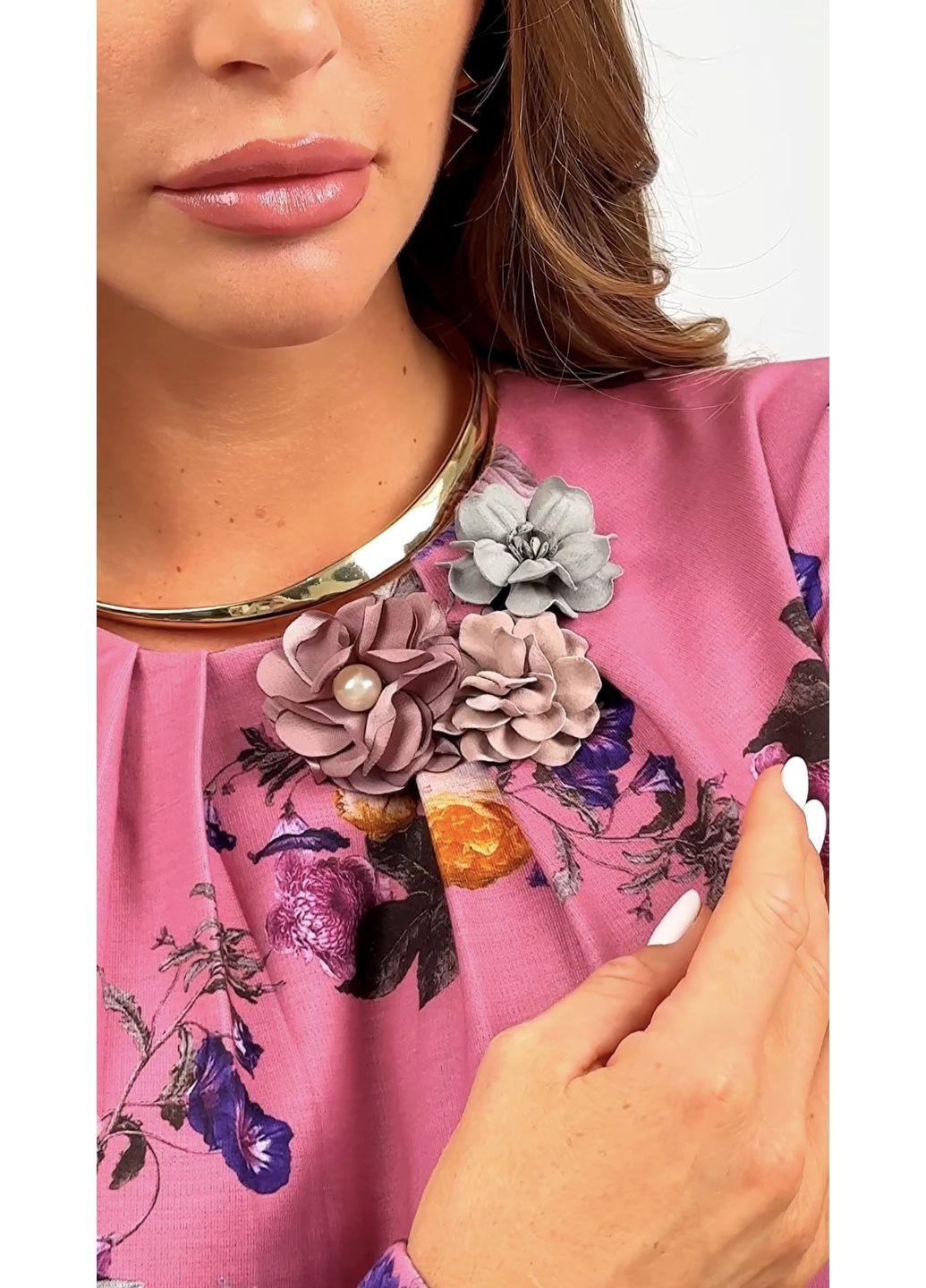 Комбинированное розовое приталенное платье в цветочный принт - ua42 / eu36 Iren Klairie