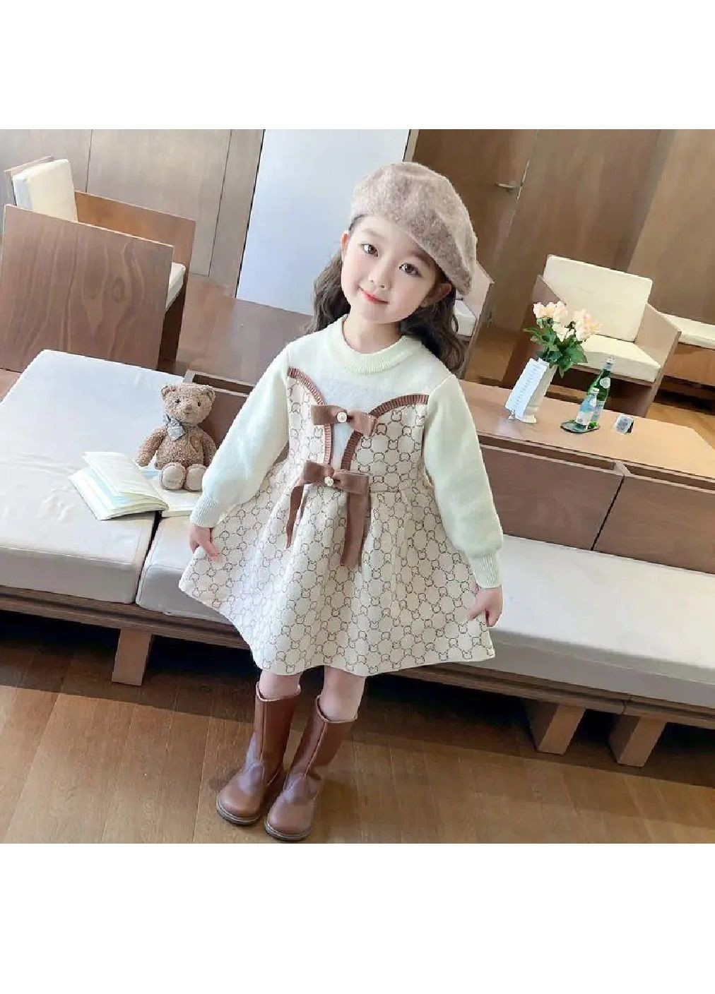 Бежева дитяча тепла святкова в'язана повсякденна сукня зі знімними бантиками для дівчаток (481705-prob) бежева розмір 120 Unbranded (365574411)