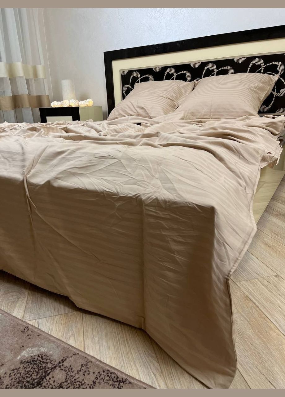 Постільна білизна бавовняна в смужку Двоспальна 180 x 220 Страйп сатин 70 x 70 Капучіно No Brand (332796643)