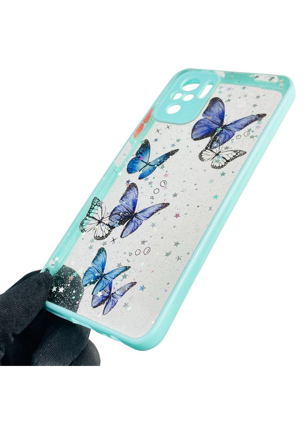 Чохол для Redmi Note 10S з блискітками з метеликами на сяомі редмі нот 10с бірюзовий Xiaomi (366389882)