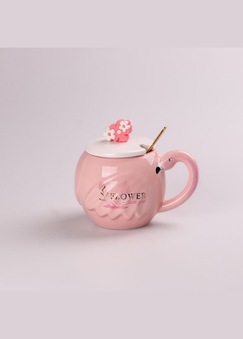 Чашка керамическая 500 мл Фламинго с крышкой и ложкой Flowers HPCY8276FW Happy Life (318315950)