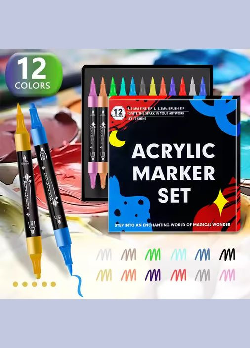Двосторонні акрилові маркери, 12 кольорів, для малювання на склі, дереві, тканині, якісні маркери No Brand (369802878)