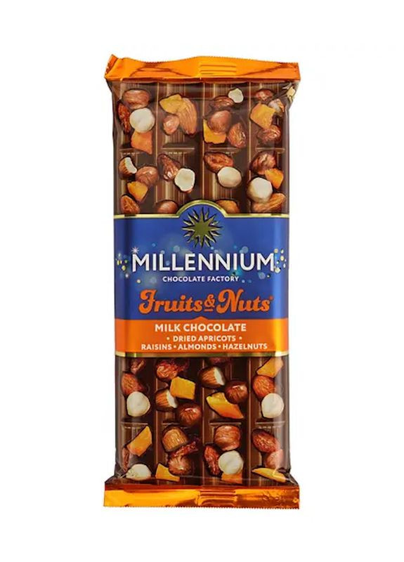 Шоколад Millennium Fruits & Nuts молочний з мигдалем, цілими лісовими горіхами, курагою та родзинками 90 г (22-0749) Кукумбер (357435763)