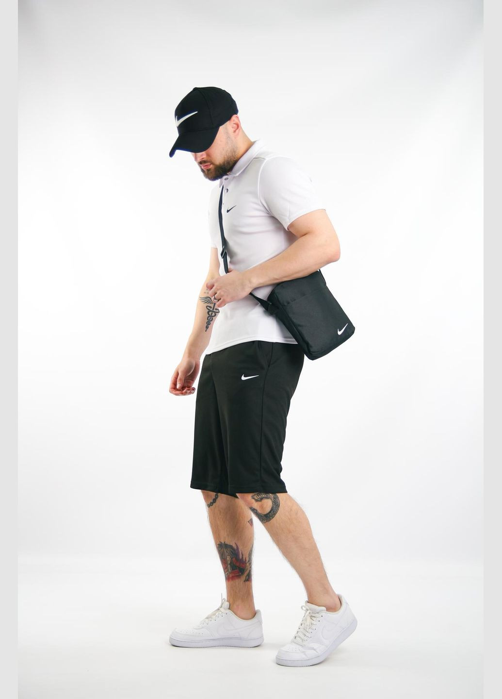 Комплект чоловічий : поло біле + шорти чорні + барсетка чорна + кепка чорна No Brand (340715410)