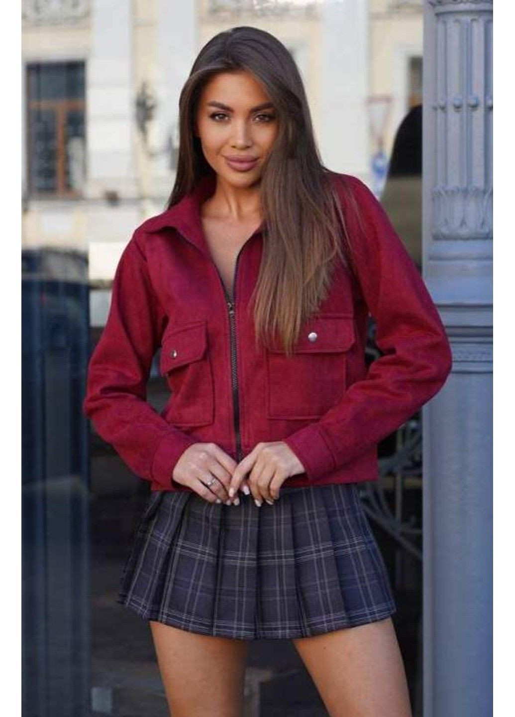 Бордовая демисезонная бомпер женский замша бордовый New Fashion