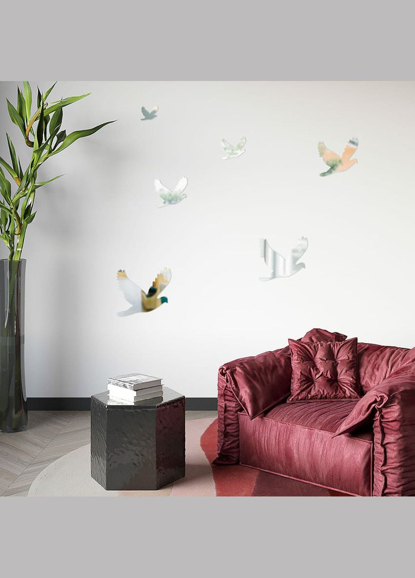 Дзеркальний декор акриловий самоклеючий Птахи срібло, 6шт (D) SW-00002520 Sticker Wall (370441607)