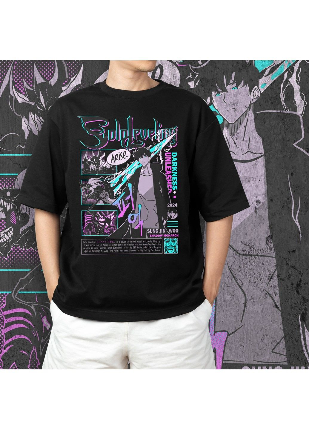 Чорна футболка з принтом solo leveling - sung jin-woo 3 No Brand