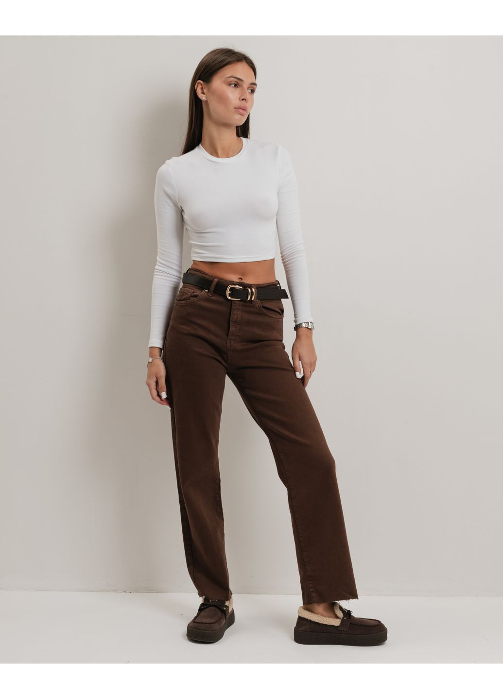 Джинсы прямые з поясом коричневые Rimas - (365589530)