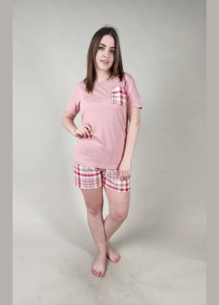 Розовая всесезон женская коттоновая пижама с футболкой и шортами турецкого производства Mirano