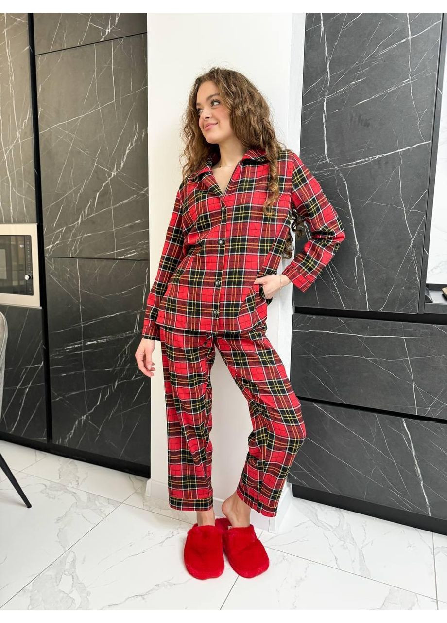 Червона піжама жіноча клітка червоно-чорна фланелева / домашній костюм жіночий теплий у червону клітинку / піжама жіноча фланель червона No Brand
