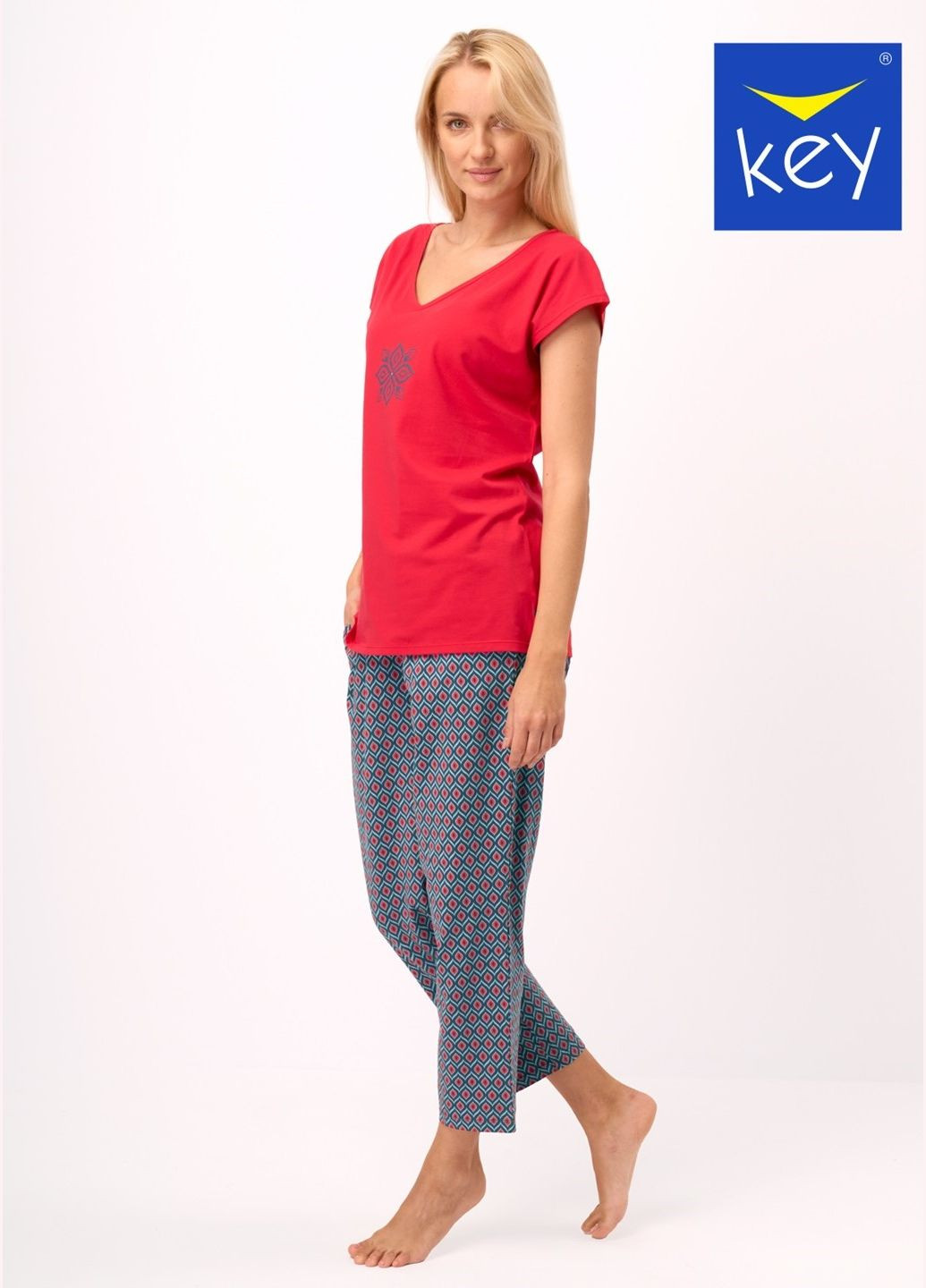 Красная всесезон женская пижама футболка + брюки Key