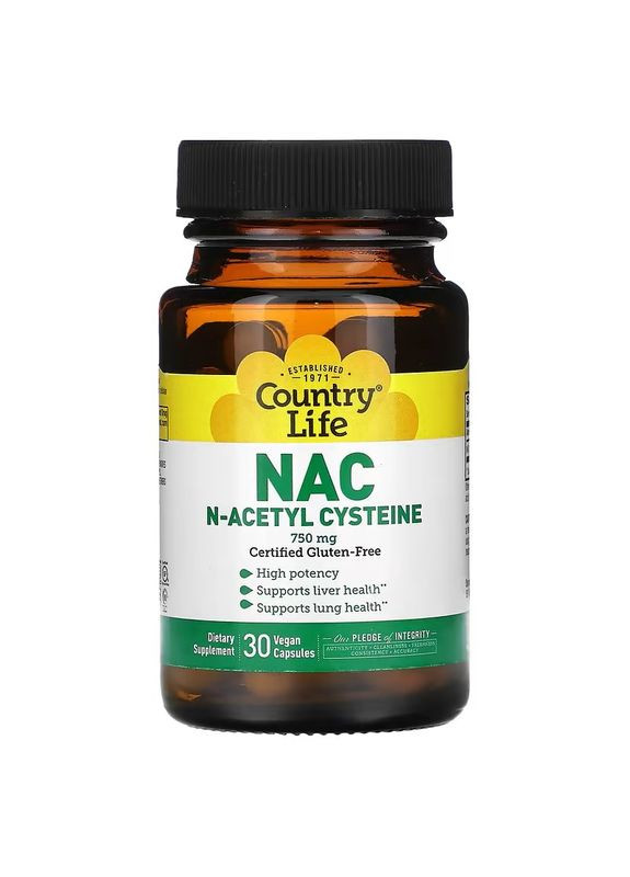 N-Ацетил-L-Цистеин NAC 750 mg 30 Vegan Capsules Country Life (291985938)