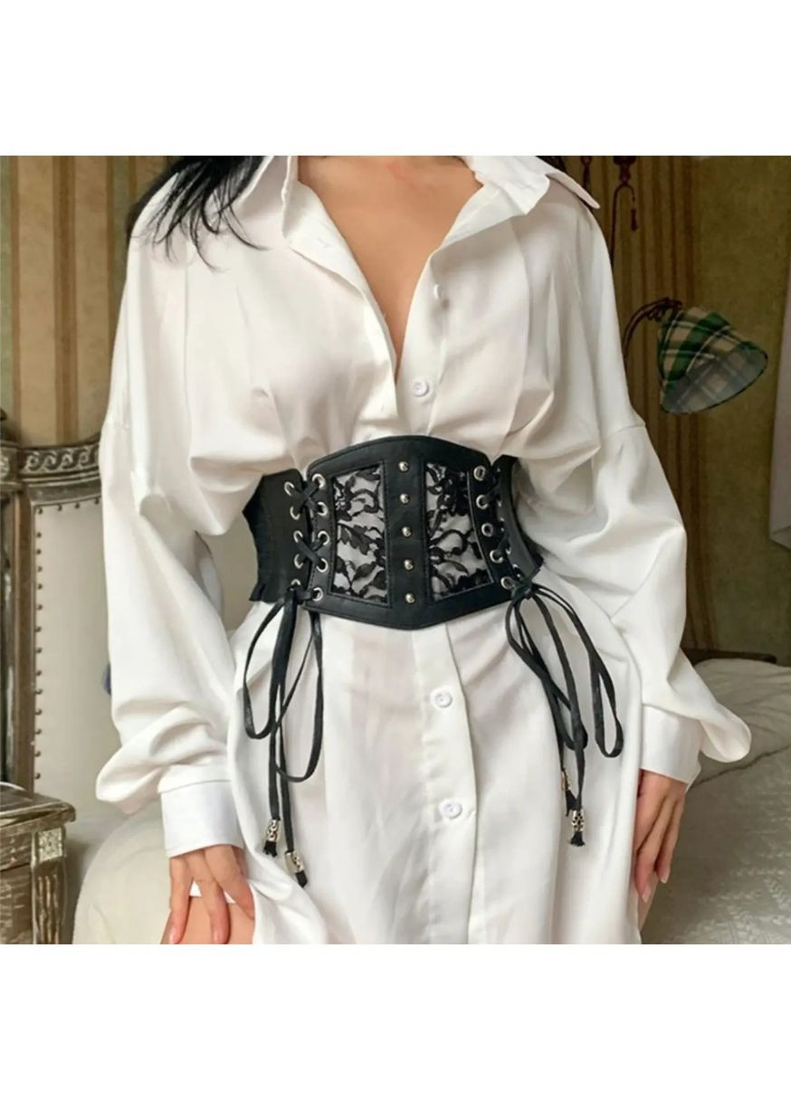 Женский корсет с гипюровыми вставками черный, кожаный пояс со шнуровкой 66–85 см, молодежный аксессуар No Brand (362682301)