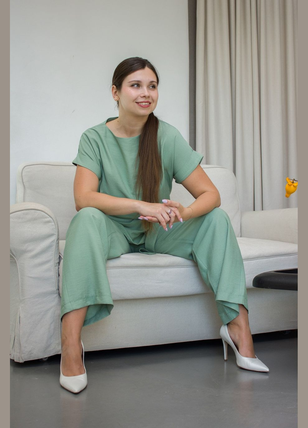 Костюм двойка базовый женский 0541 лен жатка фисташковый Актуаль (297545936)