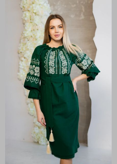 Зелений зимній жіноча вишита сукня тереза зелена з молочним Galychanka 5190