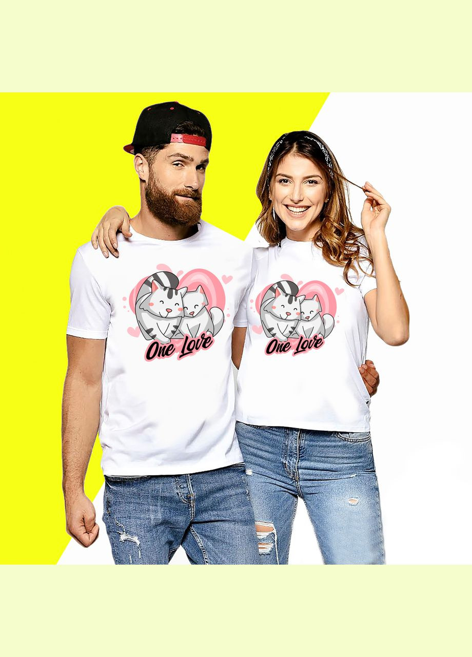 Парные белые футболки для влюбленных с принтом "Our Love. Одна любовь. Влюбленные котики на сердце" Кавун футболка (316346112)