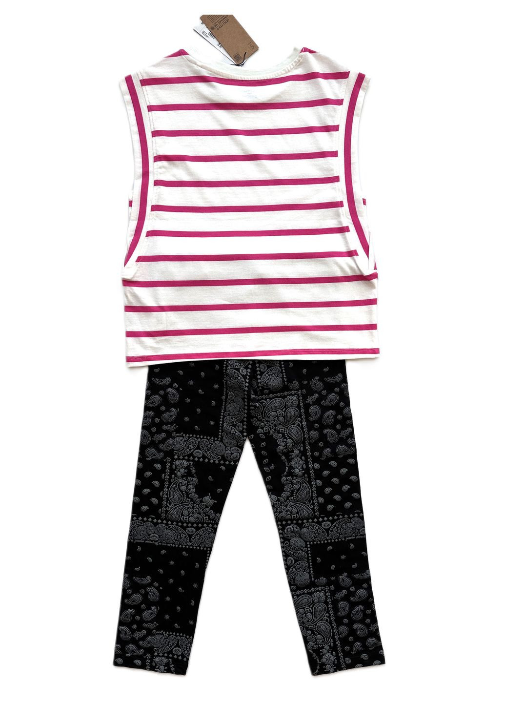 Рожевий літній комплект для дівчинки футболка смугаста біло-рожева 2000-74 + легінси чорні трикотажні 2000-79 (158 см) OVS