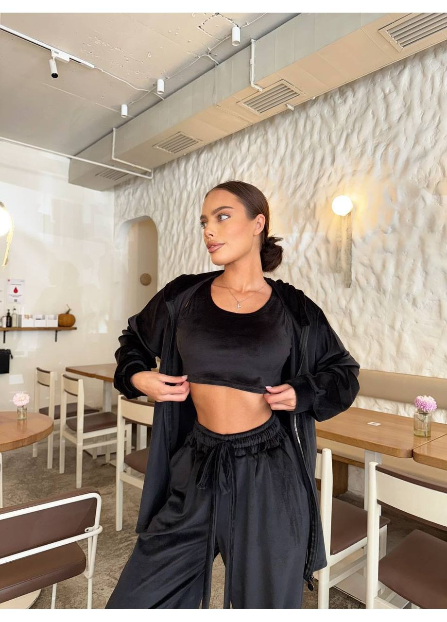 Черный костюм 3 в 1 из турецкого велюра No Brand 1528-1 (362576862)