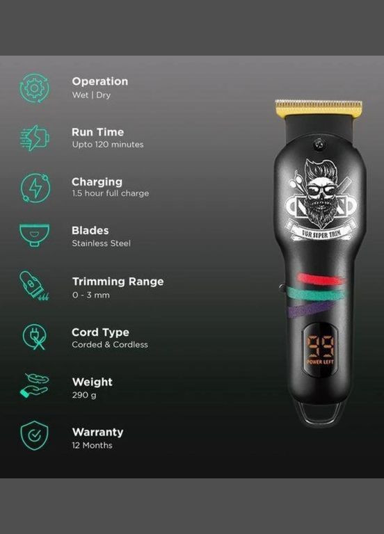 Акумуляторна машинка для стрижки волосся V-971триммер 5Вт 3 насадки чорний (2390000046) VGR V-971 (345562828)