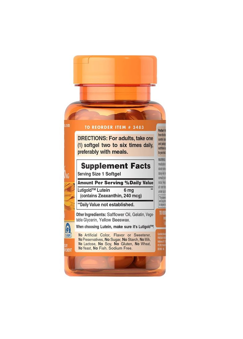Натуральная добавка Puritan's Pride Lutein 6 mg with Zeaxanthin, 200 капсул Puritans Pride (361286815)
