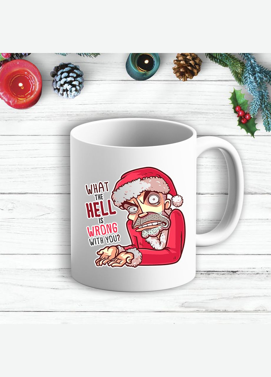 Белая кружка (чашка) с новогодним принтом Дед Мороз "What the hell is wrong with you?" Кавун Чашка (316111822)
