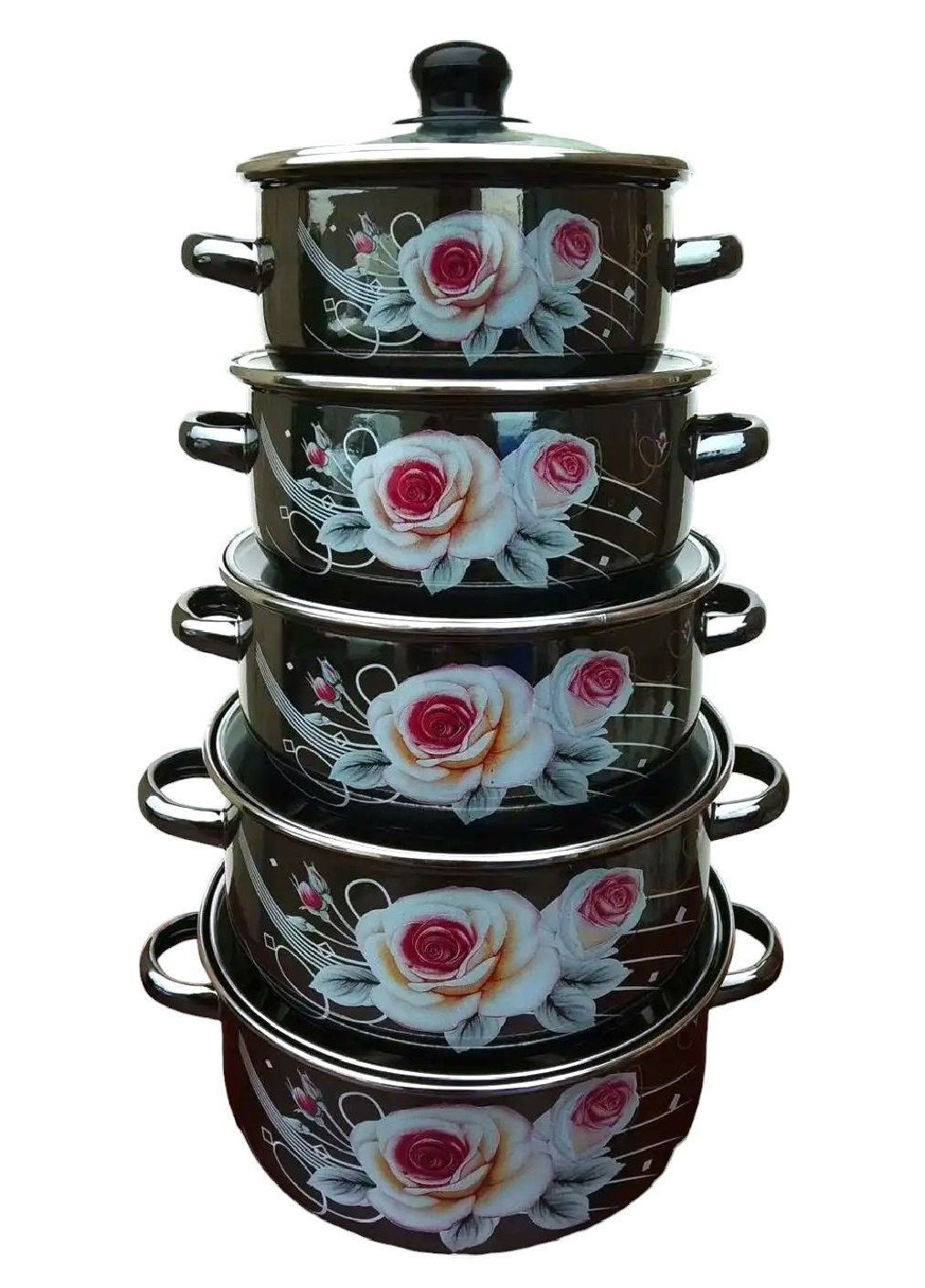 Набір комплект емальованого посуду каструль зі скляними кришками 5 штук з малюнком (476587-Prob) Чорнильний Unbranded (285119992)