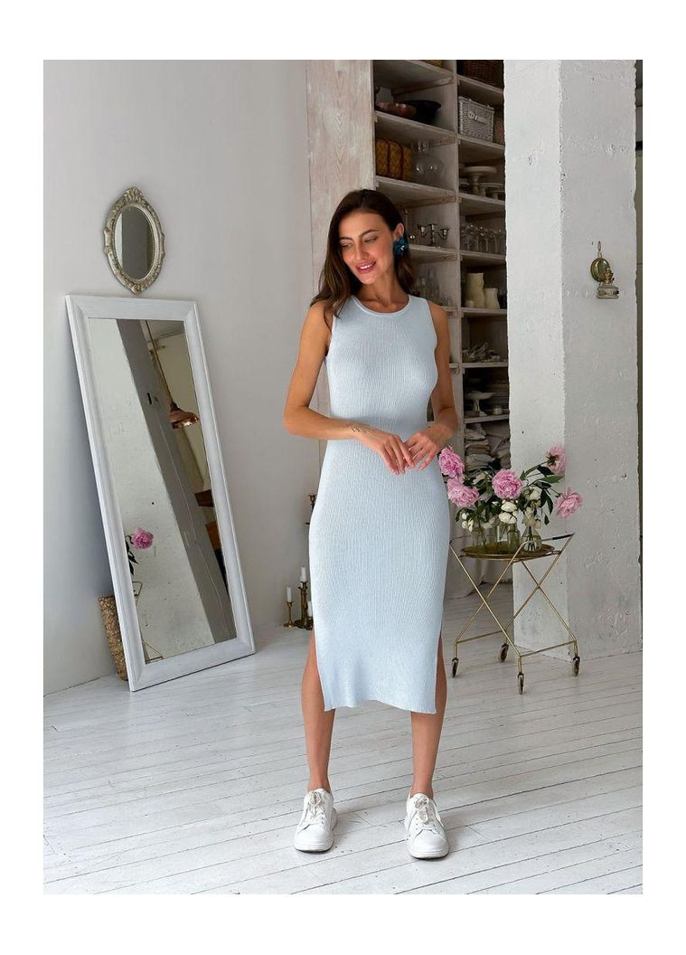Голубое повседневный трикотажное платье-футляр в рубчике — платье без рукавов для теплой погоды (ak30474p) Art Knit