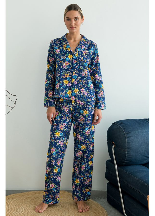 Синя всесезон піжамний фланелевий костюм з брюками ester Forly