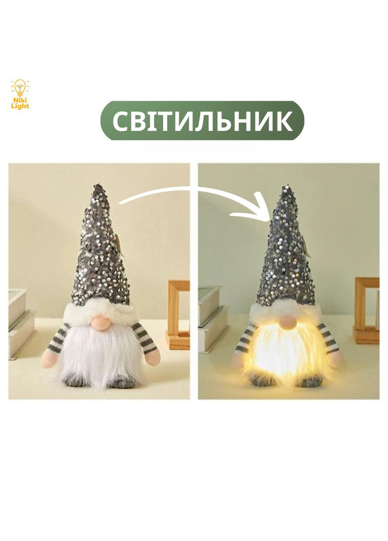 Новорічний гном під ялинку з підсвіткою новорічна фігурка під ялинку висота 30 см світильник на батарейках гном сірий Niki Light (362218948)