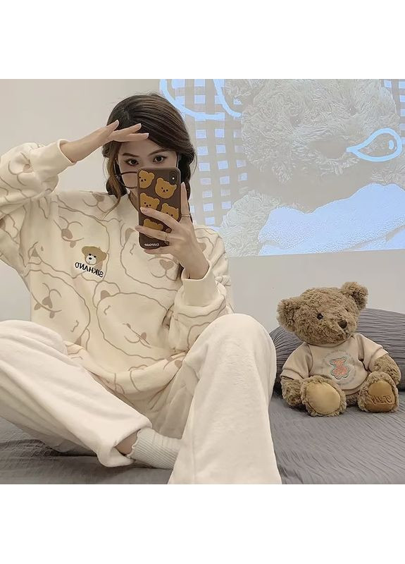 Комбинированная всесезон комплект женской пижамы bear brown рубашка с длинным рукавом и штанами фланелевая теплая Lesko