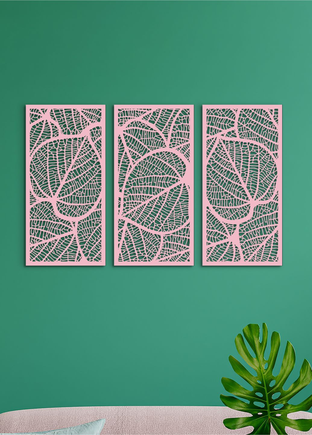 Декор в кімнату, сучасна картина на стіну "Листочки картина з трьох частин", стиль лофт 95х145 см Woodyard (292113124)