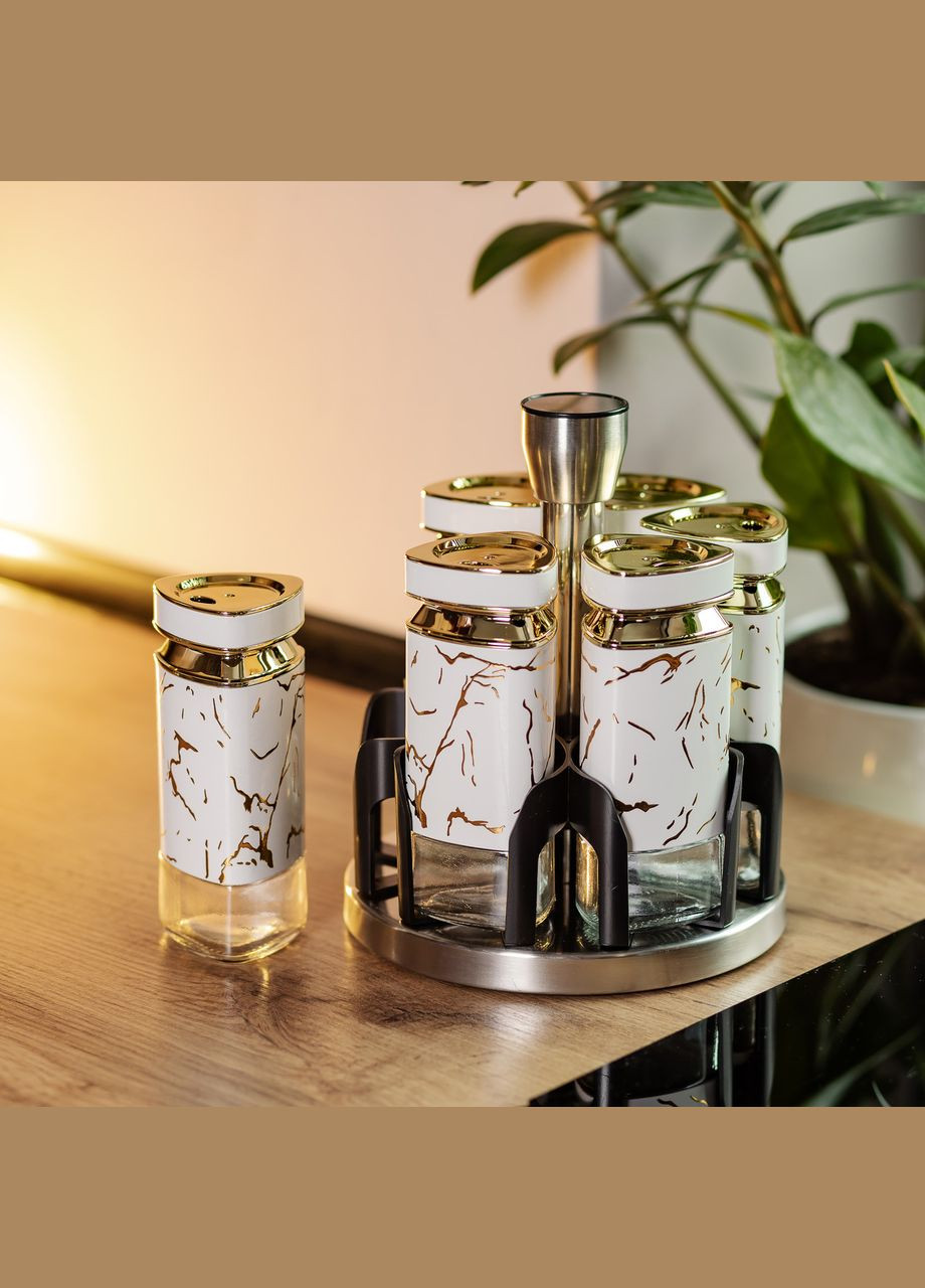 Набор баночек для специй на подставке 6 шт по 120 мл, белый мрамор Yiwu (325686410)