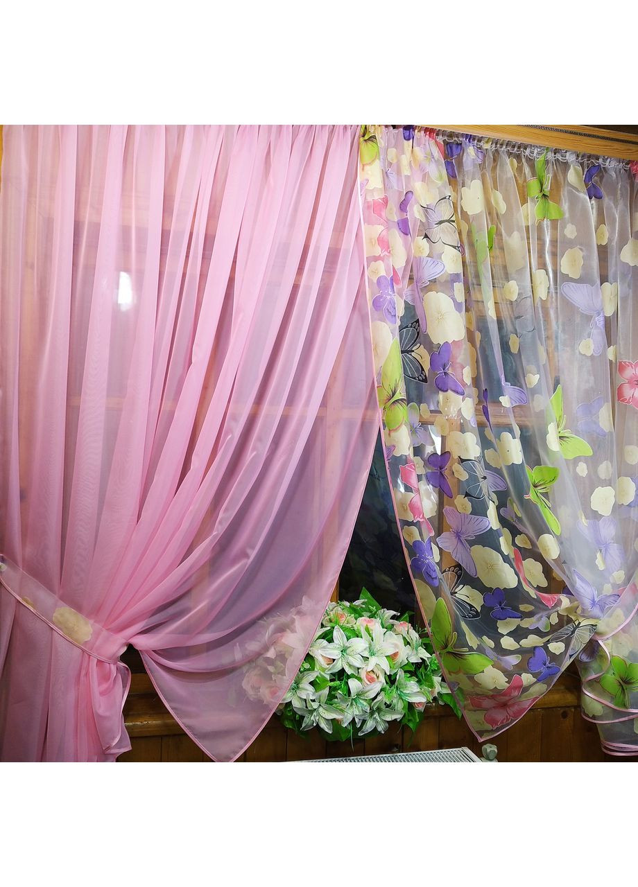 Фіранка кухона готова коротка Вероніка рожева метелик No Brand (372134024)