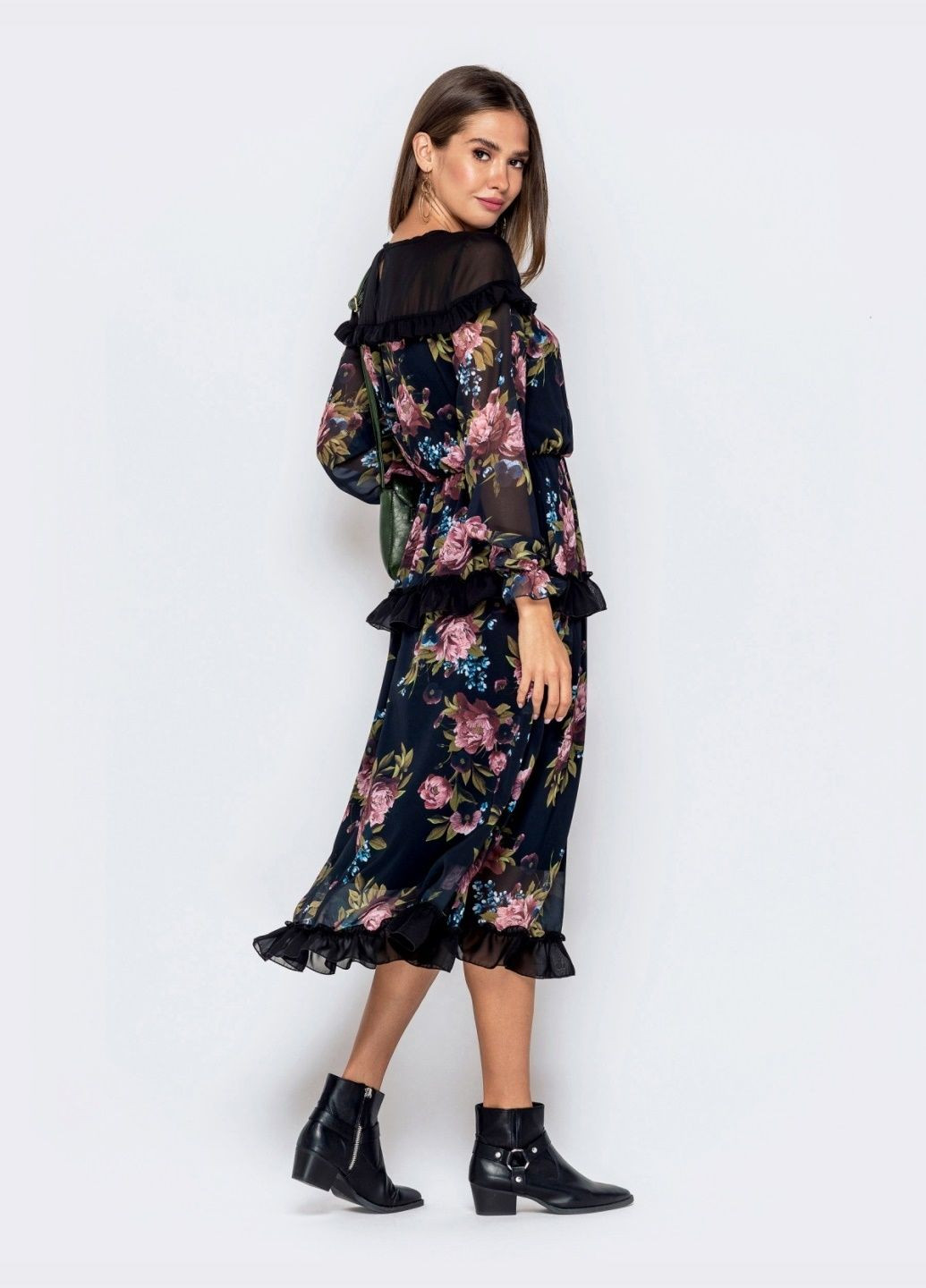 Темно-синя кежуал приталене сукня з шифону з принтом і рюшами темно-синє кльош Dressa