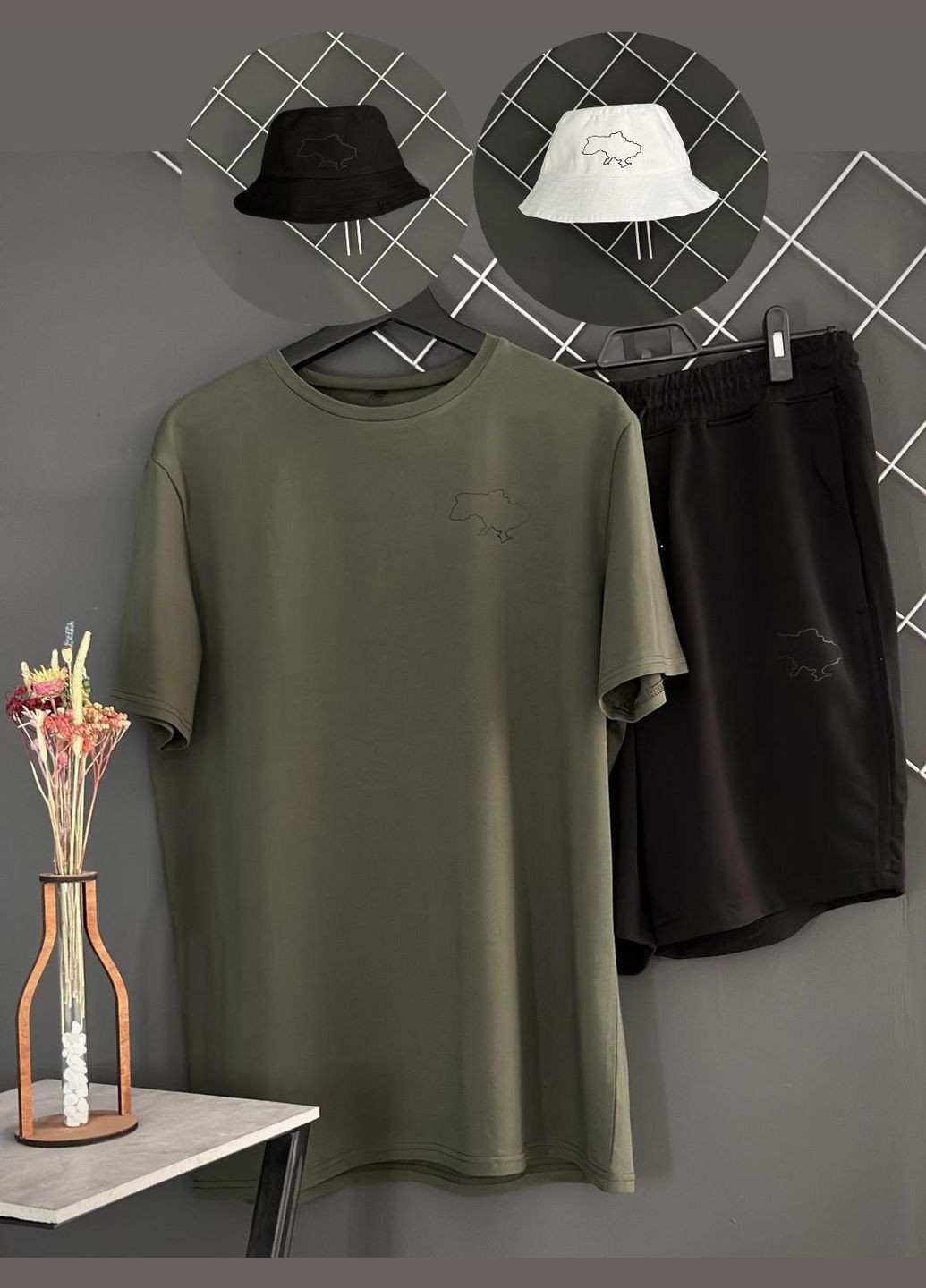 Шорти чорні+футболка хакі+панама на вибір No Brand (317272860)