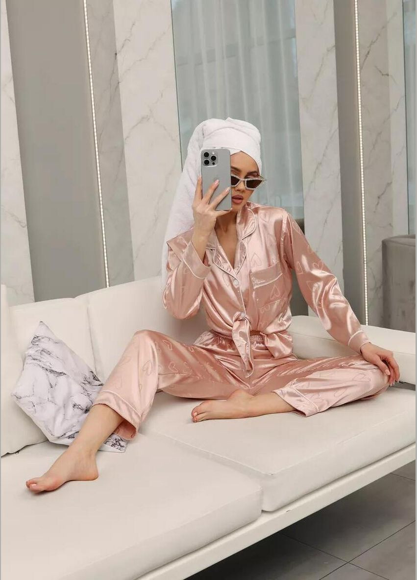 Светло-розовая всесезон женская атласная пижама с сердечками пижамный комплект двойка рубашка и брюки набор для дома с принтом сердечка рубашка + брюки Cindylove