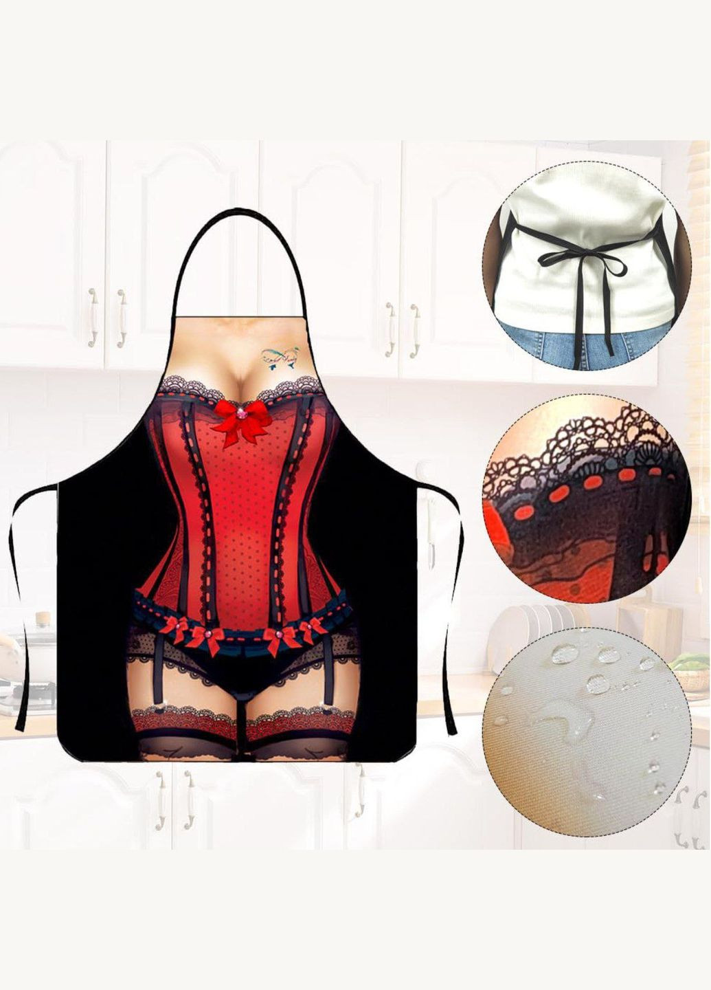 Кухонний фартух з малюнком жінки у корсеті та панчохах з яскравим принтом і якісним пошивом універсального розміру No Brand Фартух (350937389)